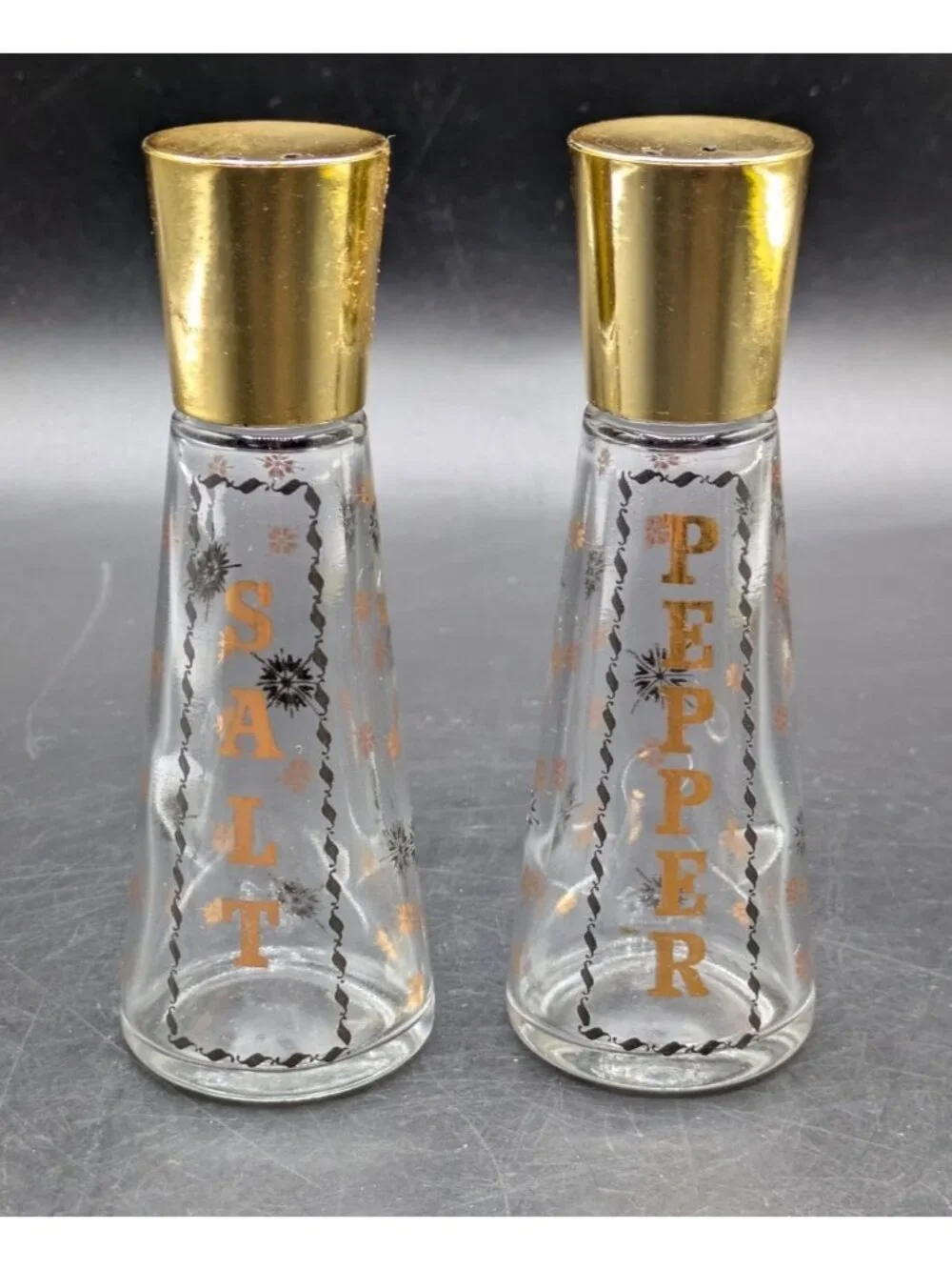 Vintage Salt and Pepper Shakers Starbrite Pattern Gold Top Atomic Star MCM 4